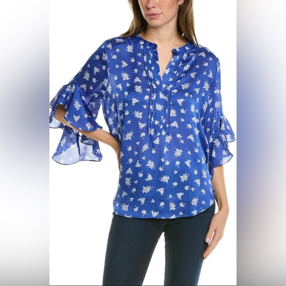 VINCE CAMUTO blouse with high low ruffled sleeves tunic top size Petite L blue